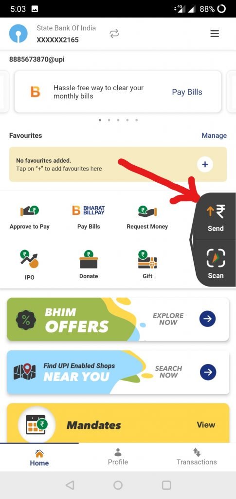 Clink on the Send button on BHIM UPI App